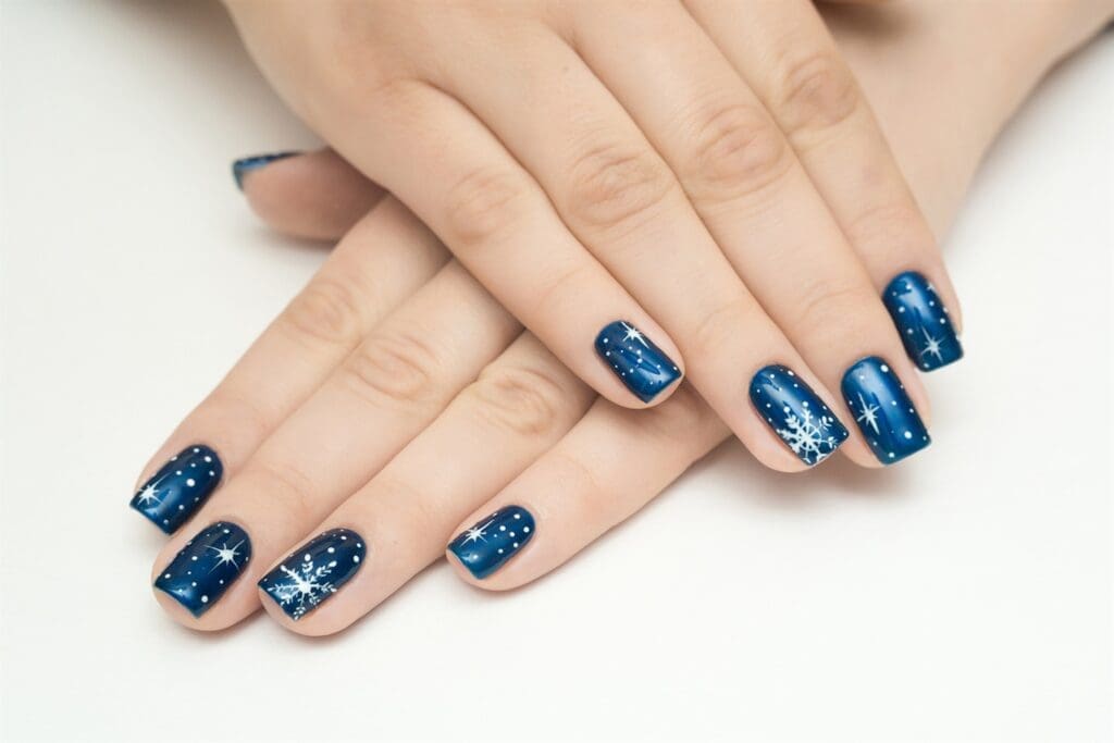 unghie blu con decori bianchi per natale