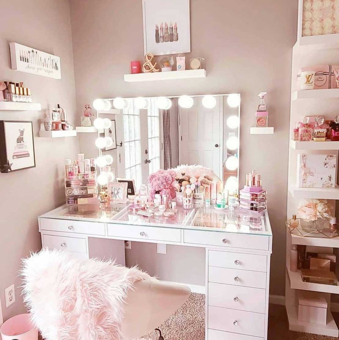 Postazione per Make-Up con Specchio e Sgabello Rosa o Bianco