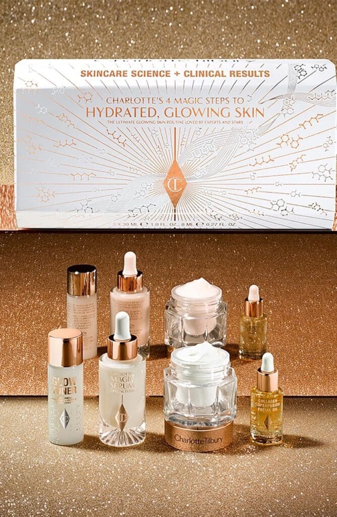  CHARLOTTE TILBURY Charlotte's 4 Magic Steps to Hydrated & Glowing Skin Set USD $192 Value, Main, color, NO COLOR DETAILS & CARE What it is: A four-piece set that will help you achieve glowing skin.  Set includes:  - Travel-size Glow Toner (1 oz.): A daily, acid-free toner that gently and effectively exfoliates skin to reduce the appearance of pores.  - Full-size Magic Serum Crystal Elixir (1 oz.): A serum with golden vitamin C and polyglutamic acid for brighter skin with reduced signs of dark spots, fine lines and wrinkles.  - Full-size Magic Cream (1 oz.): An anti-aging moisturizer with hyaluronic acid to visibly plump skin and diminish the look of wrinkles, leaving skin glowing.  - Travel-size Collagen Superfusion Facial Oil (0.27 oz.): A groundbreaking facial oil that helps firm and plump skin.  How to use: Swipe on the Glow Toner using a cleansing pad or fingertips for the best glow of your life. Then massage a few drops of Charlotte's Magic Serum Crystal Elixir into skin for a brighter, younger looking complexion. Massage the Magic Cream moisturizer into skin and finish with the Charlotte Tilbury Tap technique to boost circulation, for smoother, plumper looking skin. Lastly, apply a few drops of the Collagen Superfusion Facial Oil in the morning and evening.  USD $192 Value Leaping Bunny–certified for a commitment to cruelty-free testing Made in Italy Item #7325252 Free Shipping & Returns See more Have Questions? Chat with us or call 1.800.723.2889 GIFT OPTIONS Choose your gift options at Checkout. Some items may not be eligible for all gift options.  Free Pickup Printed gift message (free) Nordstrom gift box (free) Signature gift wrap ($5) Delivery Email gift message (free) Printed gift message (free) DIY Nordstrom gift box ($5) Need help finding the perfect gift? We've got you covered. Shop Gifts CHARLOTTE TILBURY After working as a world-renowned makeup artist for celebrities, Fashion Week and magazine cover shoots, Charlotte Tilbury understands the secrets of makeup. The tips and tricks she learned along the way helped inspire her namesake cosmetic and skin care line, launched in 2013. Tilbury has made it her mission to help women feel confident, beautiful and empowered. From now through 2021, the brand has pledged to donate $1.2 million to the charity Women for Women International, which helps women survivors of war rebuild their lives.  Charlotte's 4 Magic Steps to Hydrated & Glowing Skin Set