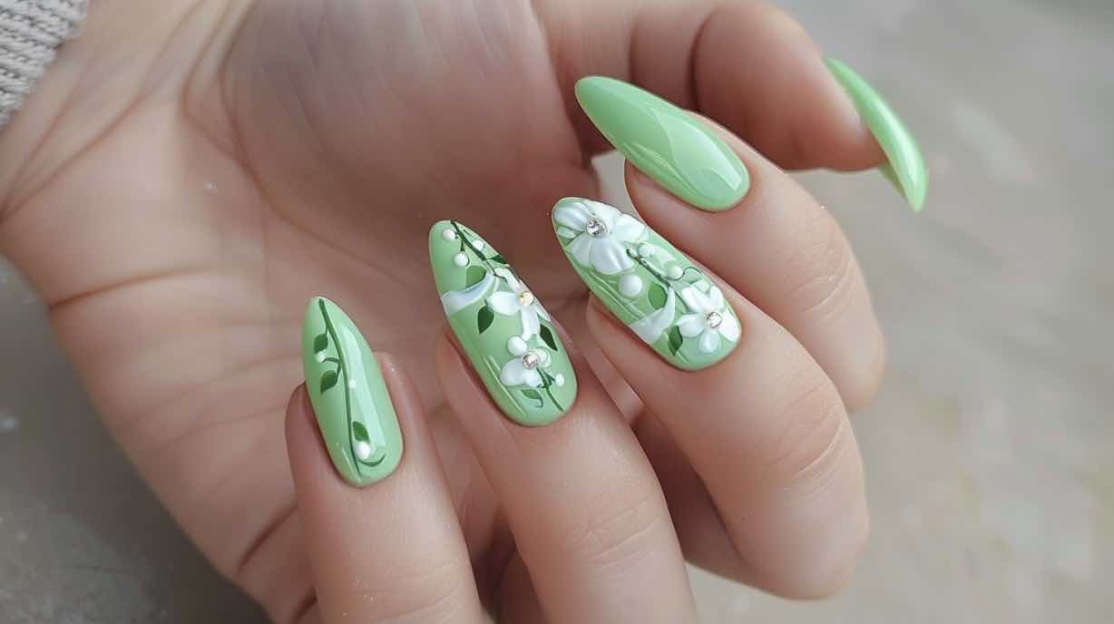 Nail art pasquale floreale verde pastello 