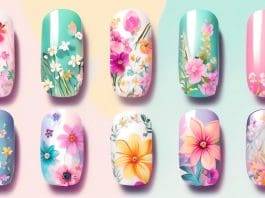 Detailed illustration of an assortment of vibrant and innovative nail art designs themed around spring 2024, showcasing a mix of floral patterns, pastel colors, and whimsical motifs.