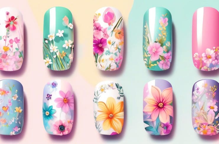 Detailed illustration of an assortment of vibrant and innovative nail art designs themed around spring 2024, showcasing a mix of floral patterns, pastel colors, and whimsical motifs.